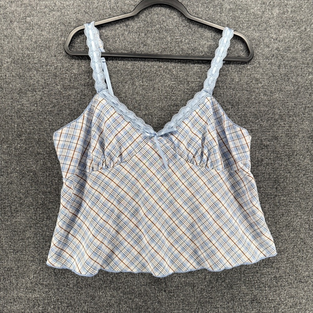 Womens Top Size 2XL Blue Plaid Lace Trim Milkmaid Cottagecore Coquette Soft Girl